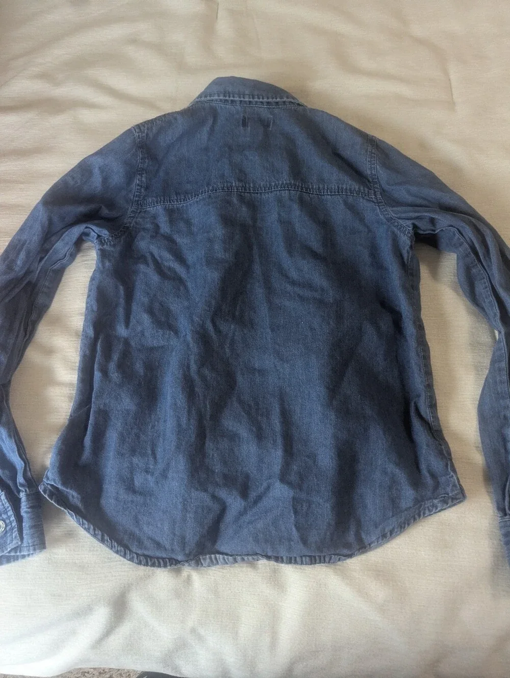 Girls' Denim Button-Up Shirt with Lace Shoulder Detail - Blue, Size 10/12